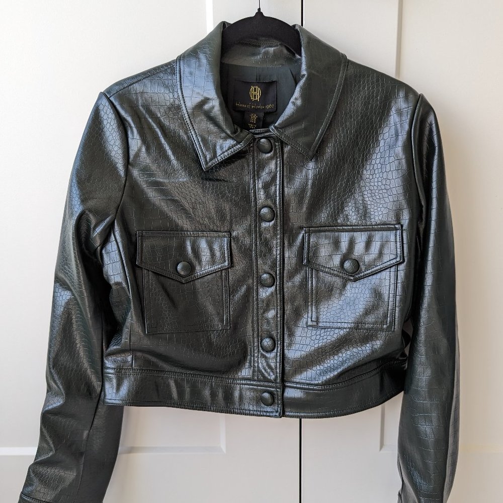 NWT GREEN CROCODILE FAUX LEATHER CROP JACKET - STUNNING STATEMENT PIECE! SMALL!